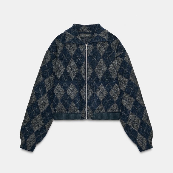 ZARA ARGYLE KNIT BOMBER JACKET - Picture 5 of 13
